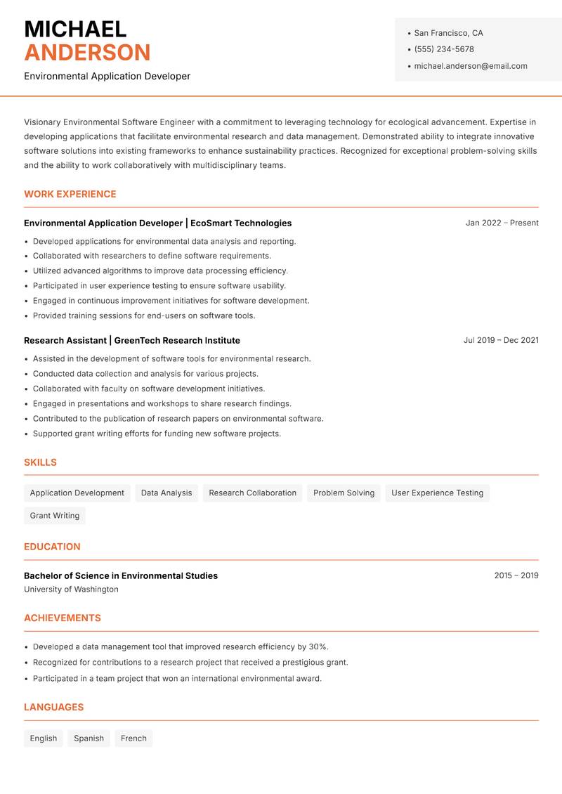 Environmental Software Engineer resume sample — Environmental Application Developer focus