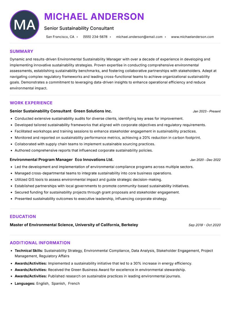 Environmental Sustainability Manager resume example