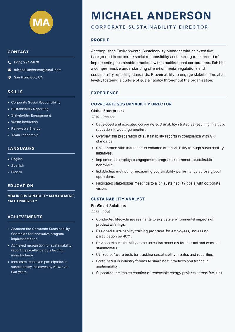Environmental Sustainability Manager resume sample — Corporate Sustainability Director focus