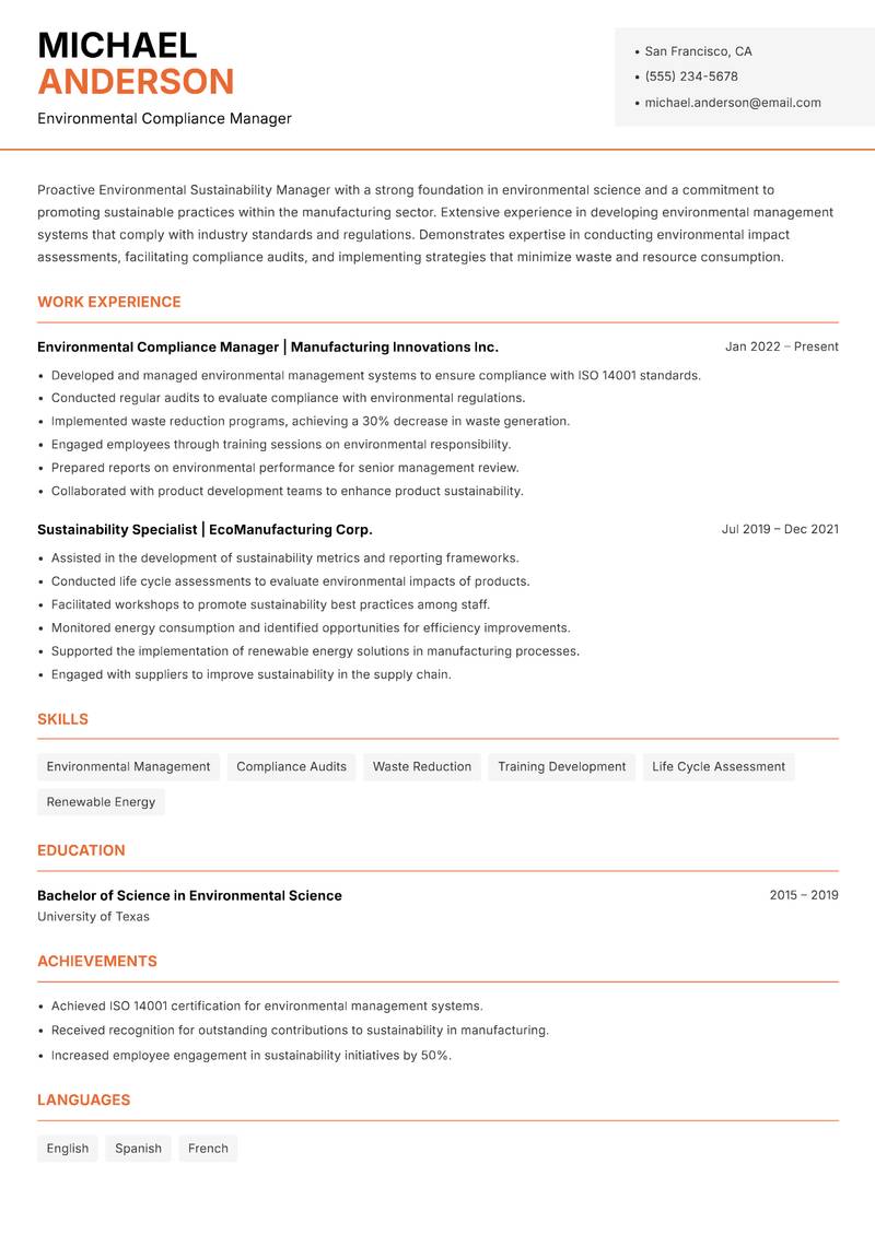 Environmental Sustainability Manager resume sample — Environmental Compliance Manager focus
