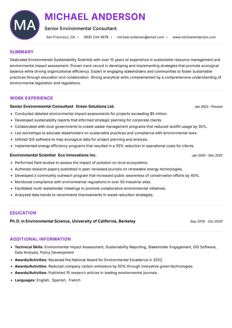 Environmental Sustainability Scientist resume example