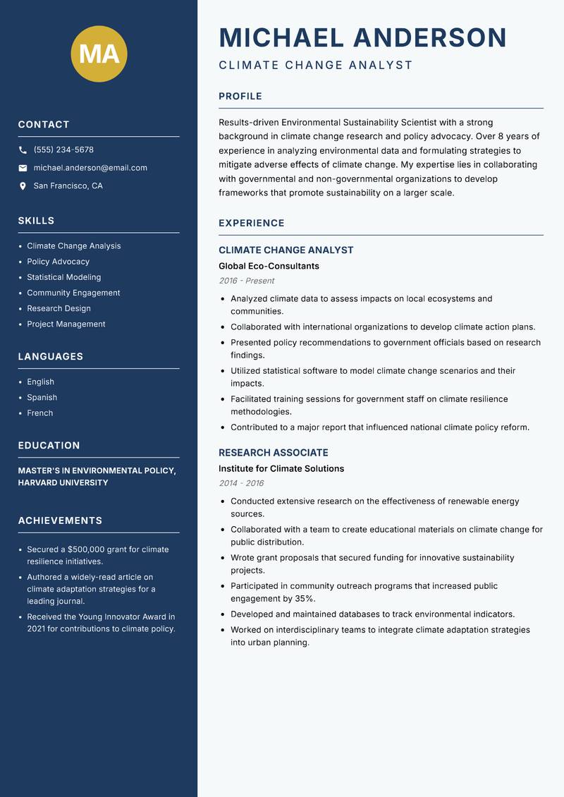 Environmental Sustainability Scientist resume sample — Climate Change Analyst focus