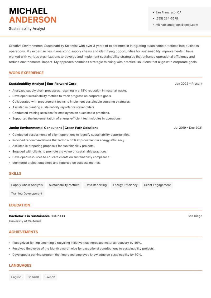 Environmental Sustainability Scientist resume sample — Sustainability Analyst focus