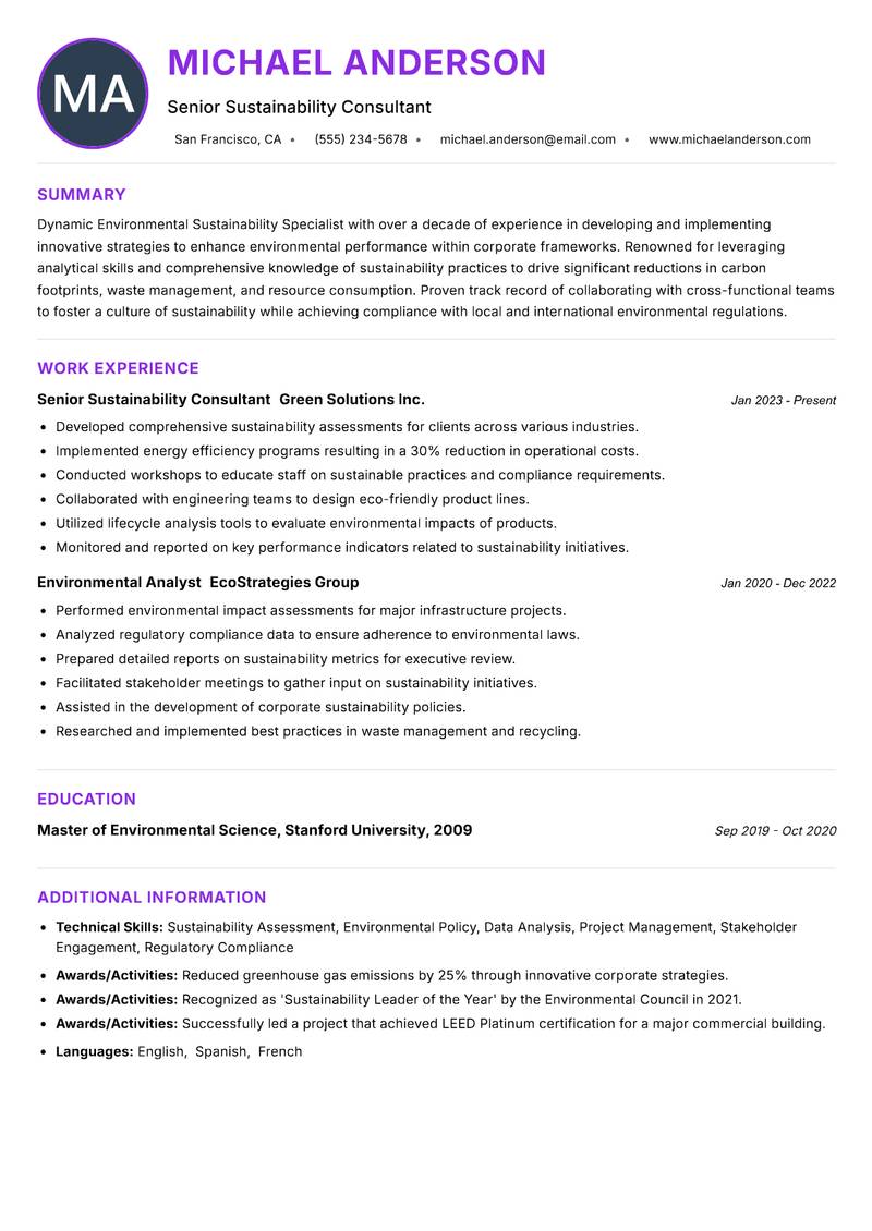 Environmental Sustainability Specialist resume example