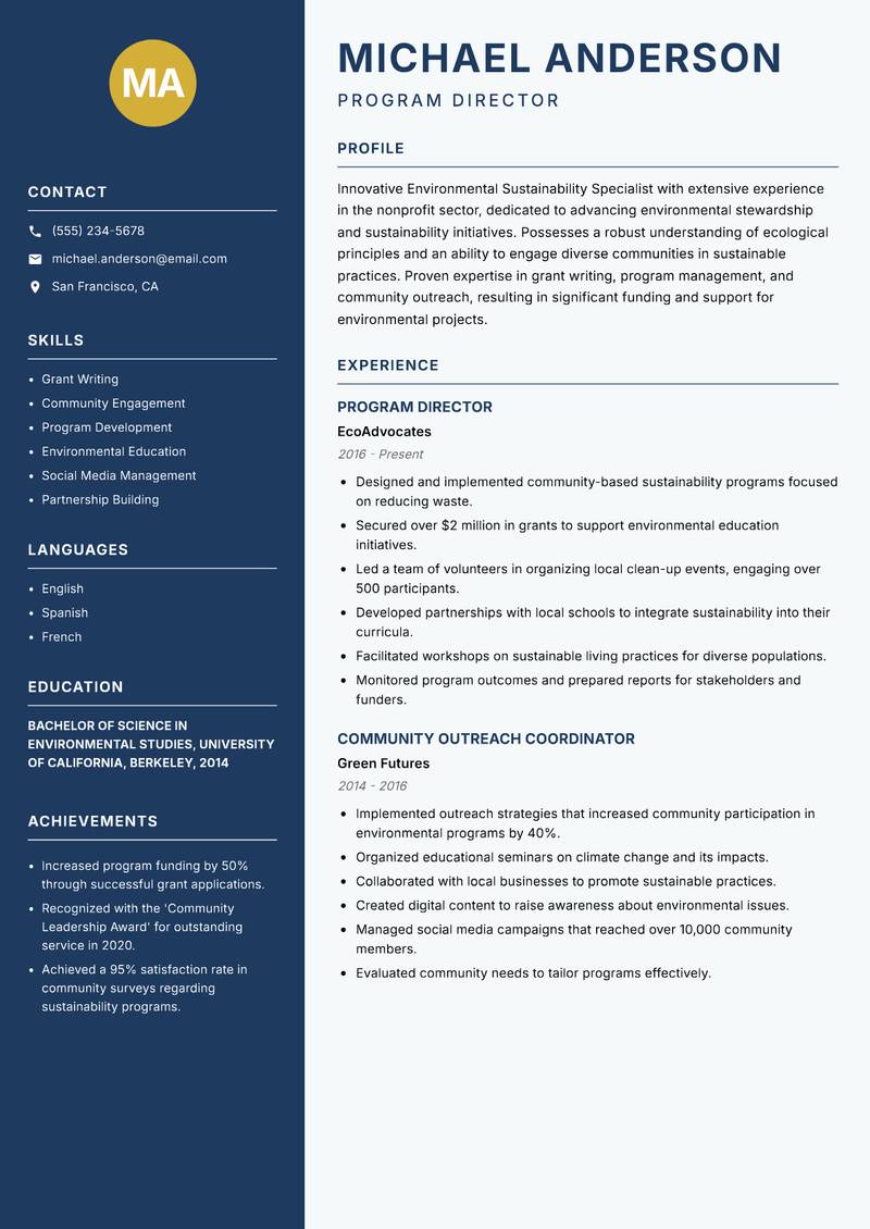 Environmental Sustainability Specialist resume sample — Program Director focus