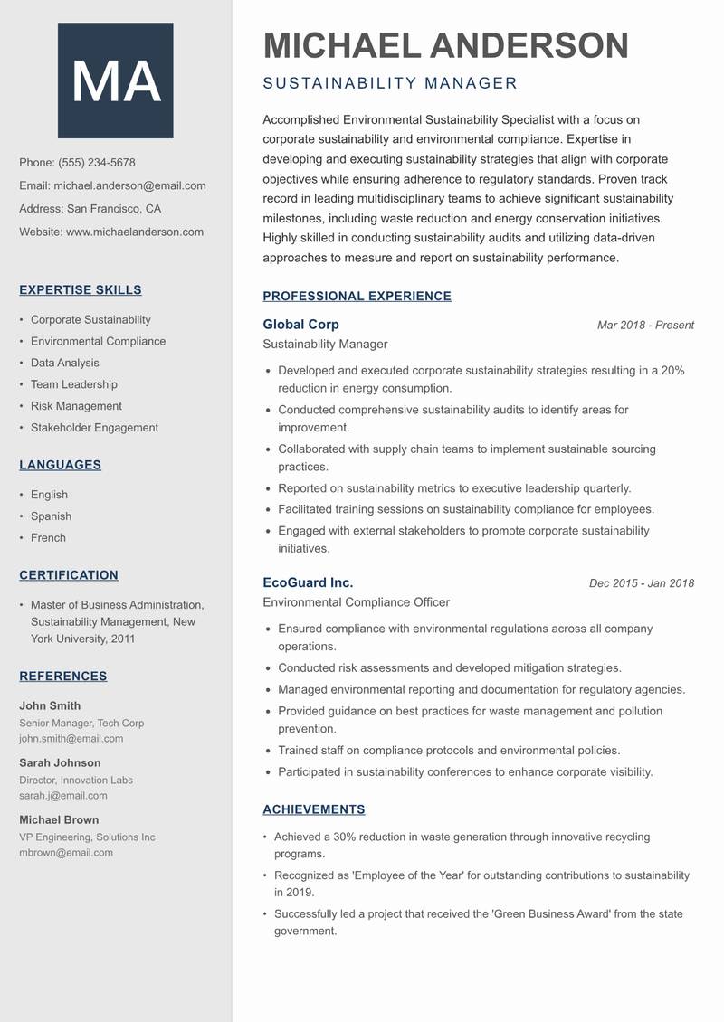 Environmental Sustainability Specialist resume sample — Sustainability Manager focus