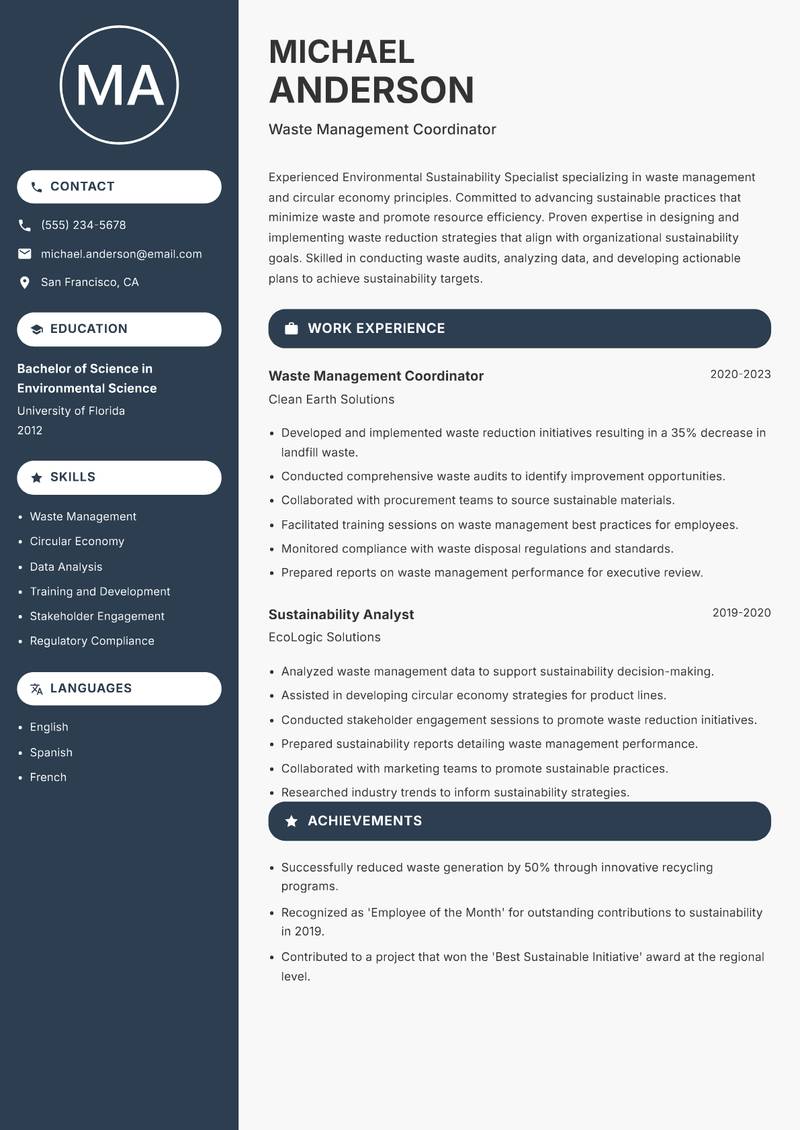 Environmental Sustainability Specialist resume sample — Waste Management Coordinator focus