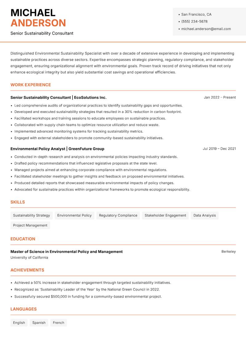 Environmental Sustainability Specialist resume sample — Senior Sustainability Consultant focus