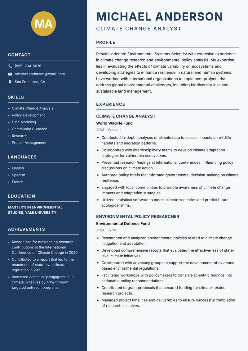 Environmental Systems Scientist resume sample — Climate Change Analyst focus