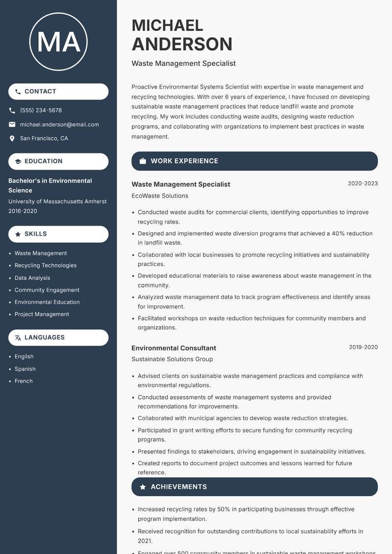 Environmental Systems Scientist resume sample — Waste Management Specialist focus