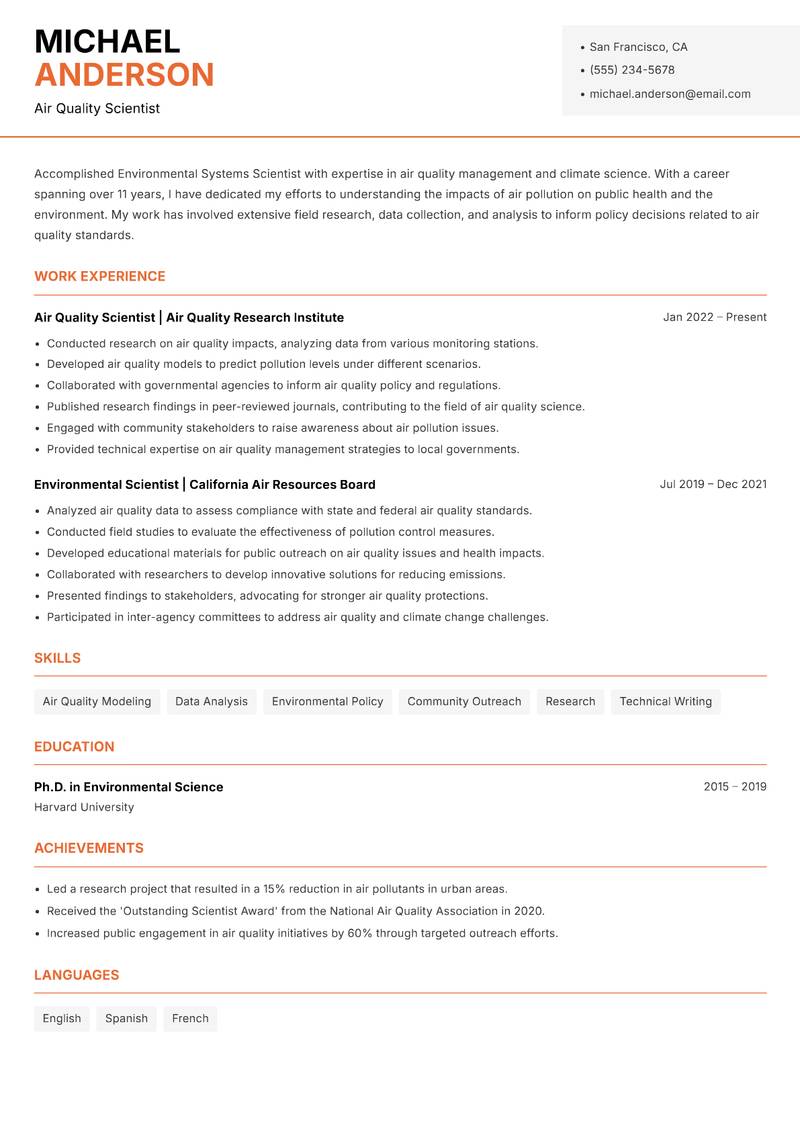 Environmental Systems Scientist resume sample — Air Quality Scientist focus