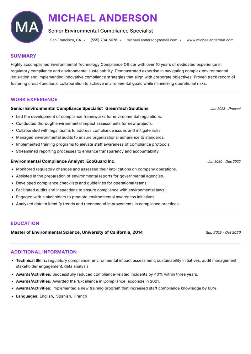 Environmental Technology Compliance Officer resume example
