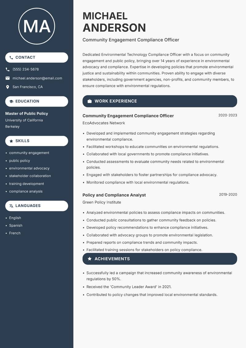 Environmental Technology Compliance Officer resume sample — Community Engagement Compliance Officer focus