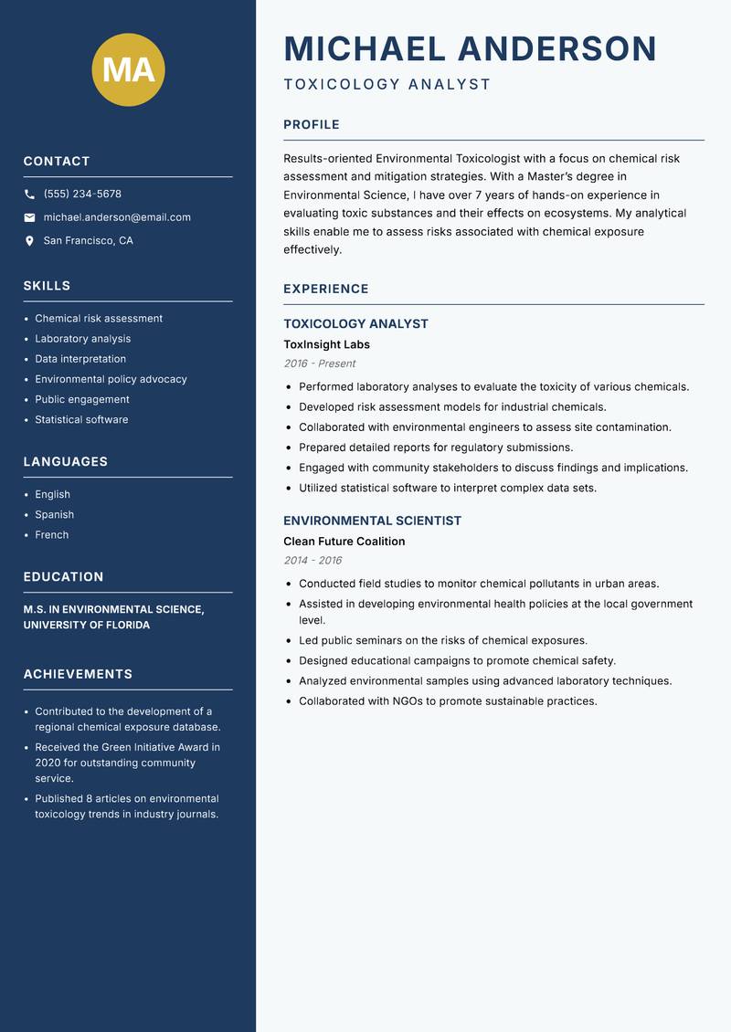 Environmental Toxicologist resume sample — Toxicology Analyst focus