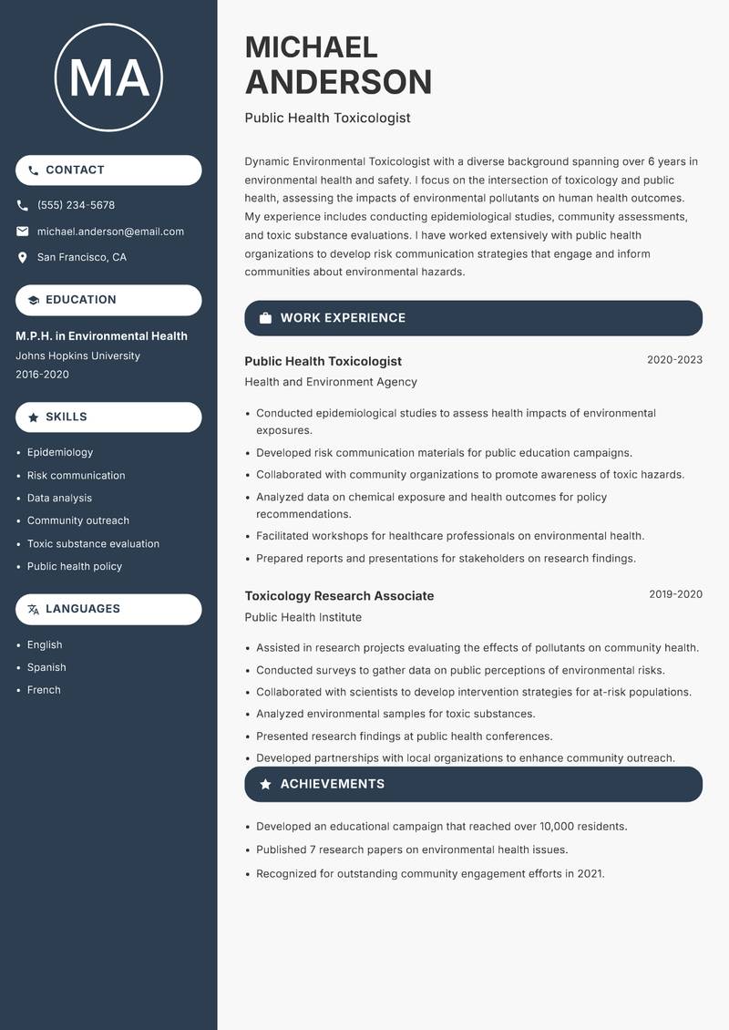 Environmental Toxicologist resume sample — Public Health Toxicologist focus