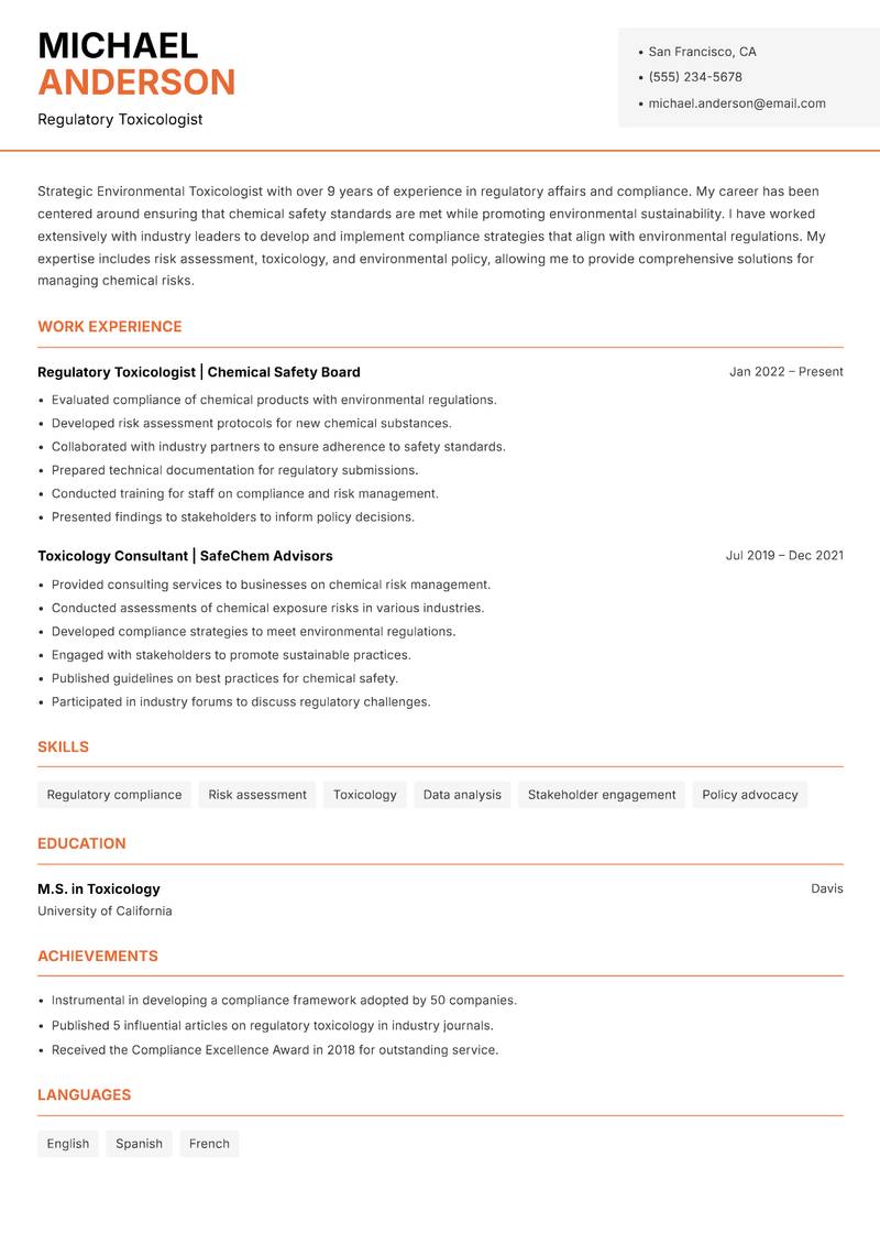 Environmental Toxicologist resume sample — Regulatory Toxicologist focus