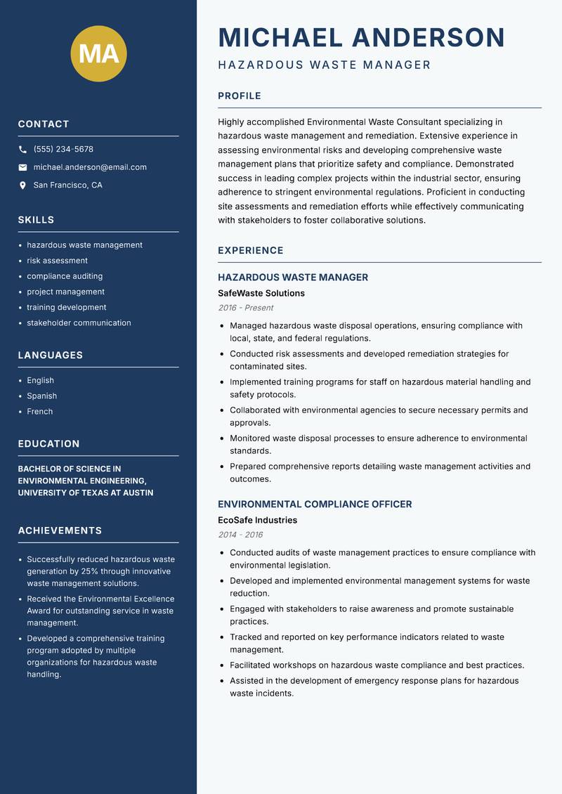 Environmental Waste Consultant resume sample — Hazardous Waste Manager focus