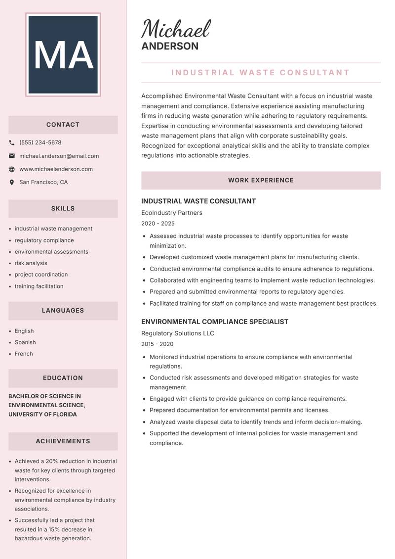 Environmental Waste Consultant resume sample — Industrial Waste Consultant focus