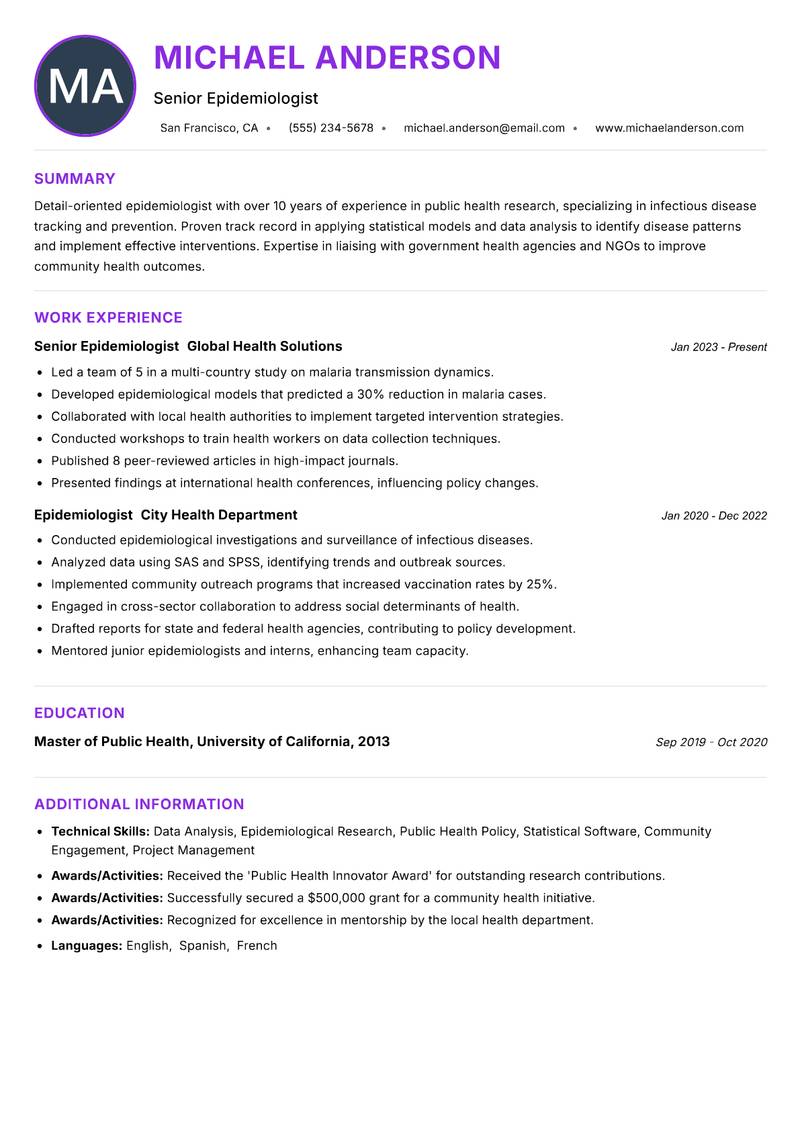 Epidemiologist resume example