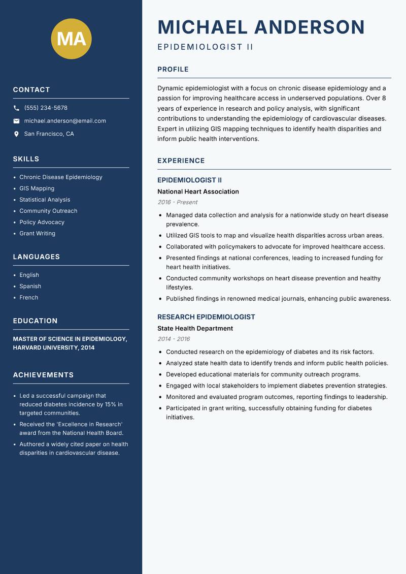 Epidemiologist resume sample — Epidemiologist II focus