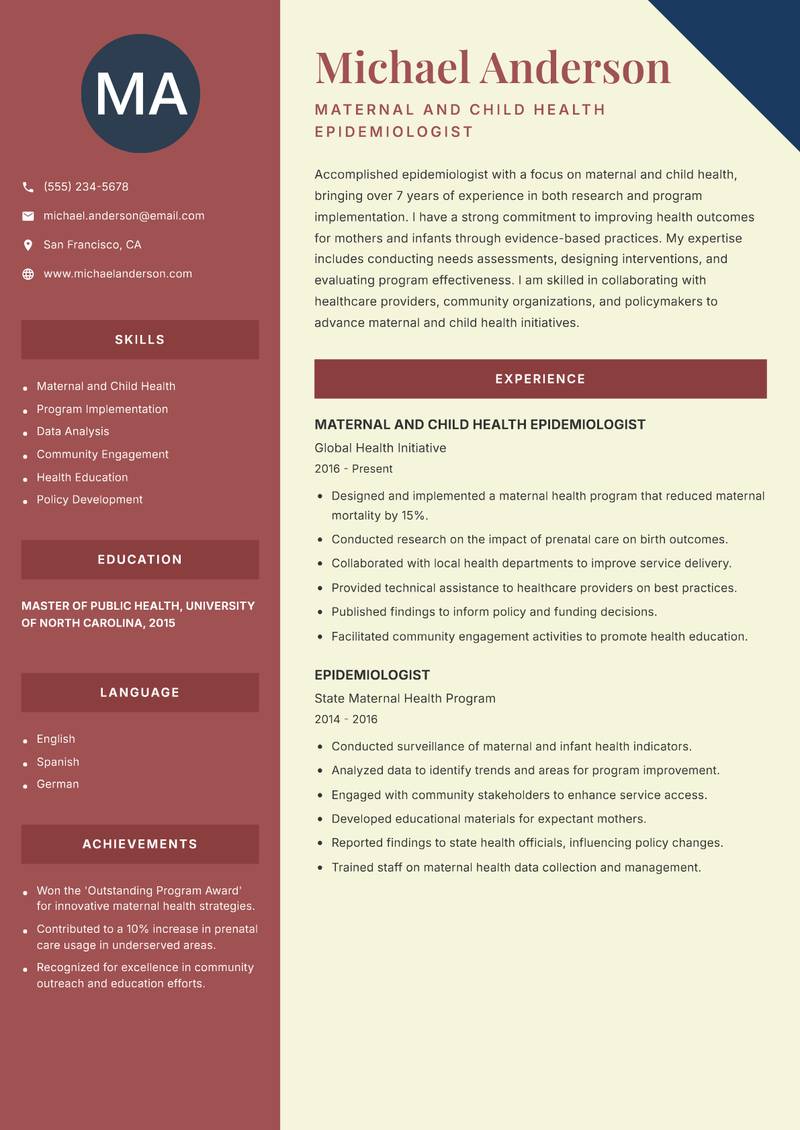 Epidemiologist resume sample — Maternal and Child Health Epidemiologist focus