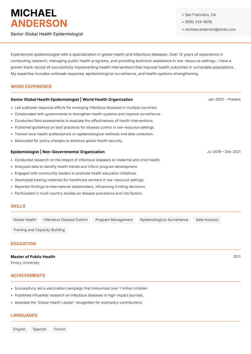 Epidemiologist resume sample — Senior Global Health Epidemiologist focus