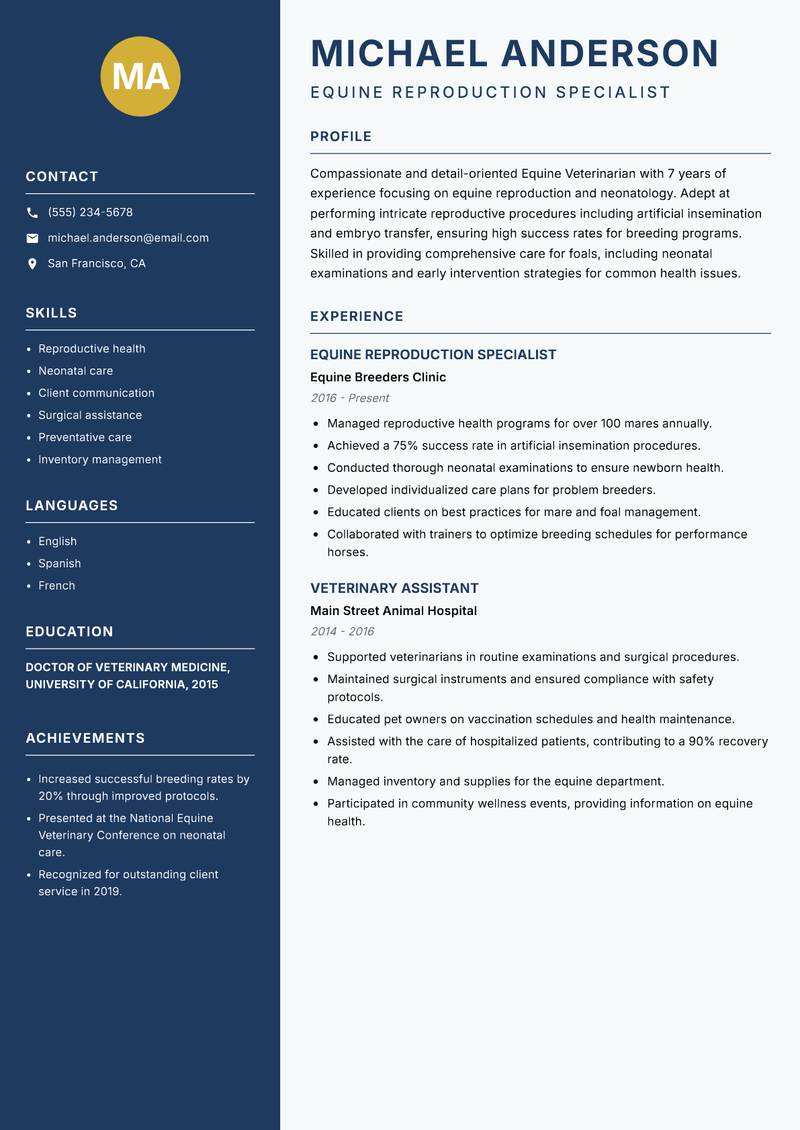 Equine Veterinarian resume sample — Equine Reproduction Specialist focus