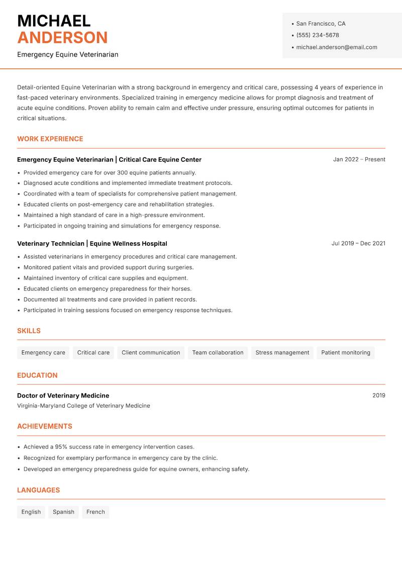 Equine Veterinarian resume sample — Emergency Equine Veterinarian focus