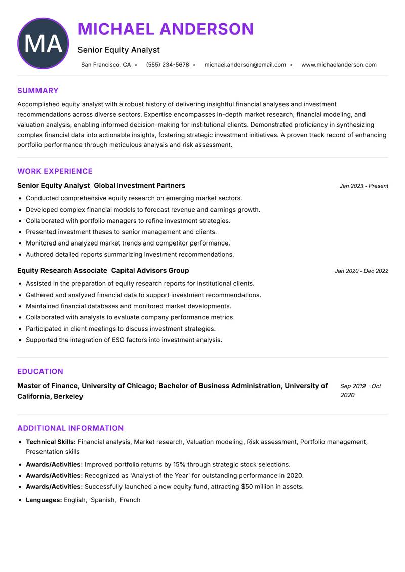 Equity Analyst resume example