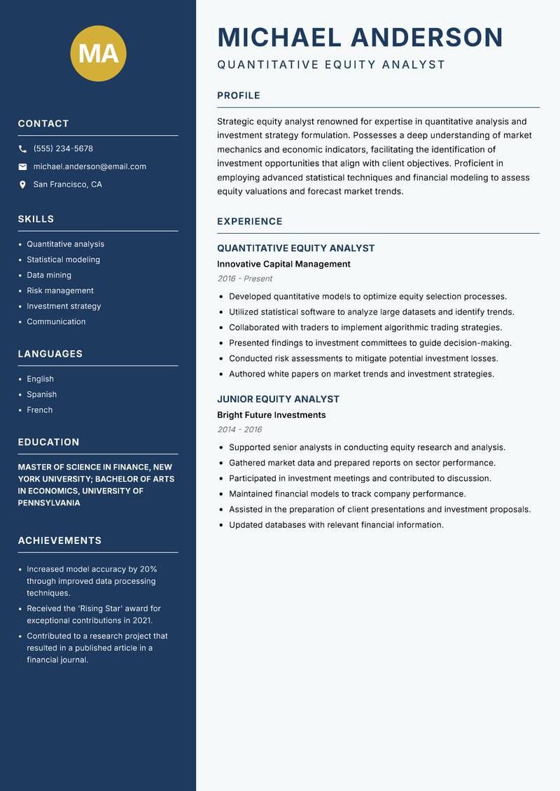 Equity Analyst resume sample — Quantitative Equity Analyst focus