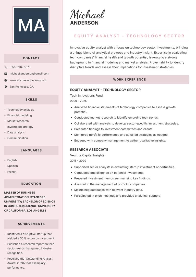 Equity Analyst resume sample — Equity Analyst - Technology Sector focus