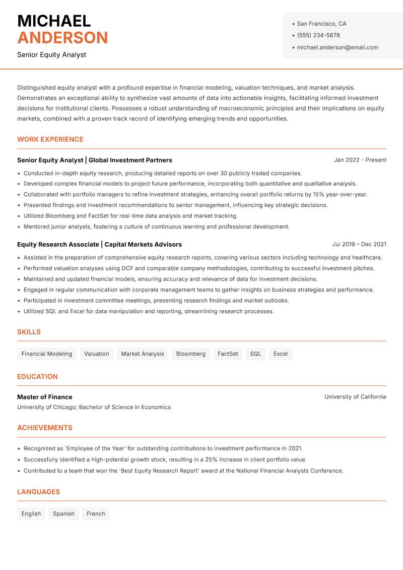 Equity Analyst resume sample — Senior Equity Analyst focus