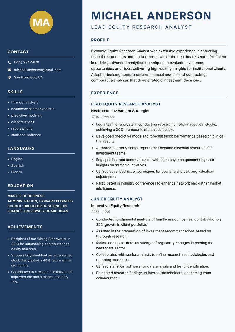 Equity Research Analyst resume sample — Lead Equity Research Analyst focus