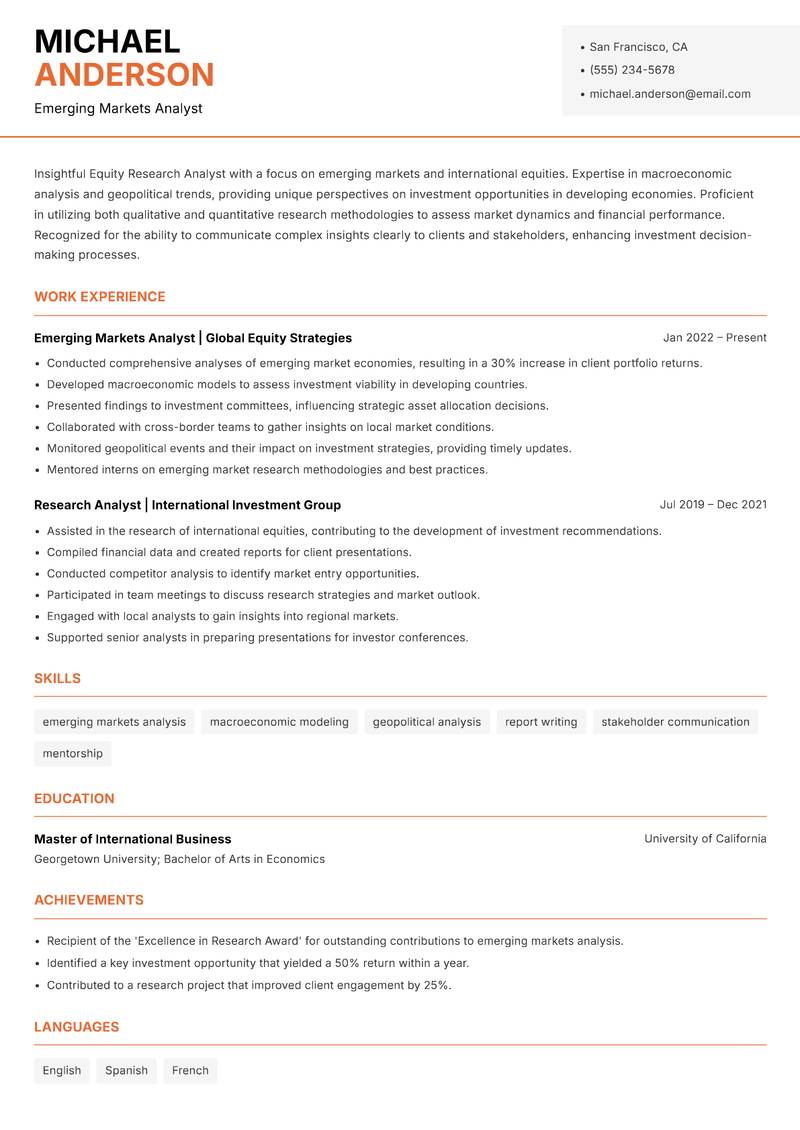 Equity Research Analyst resume sample — Emerging Markets Analyst focus