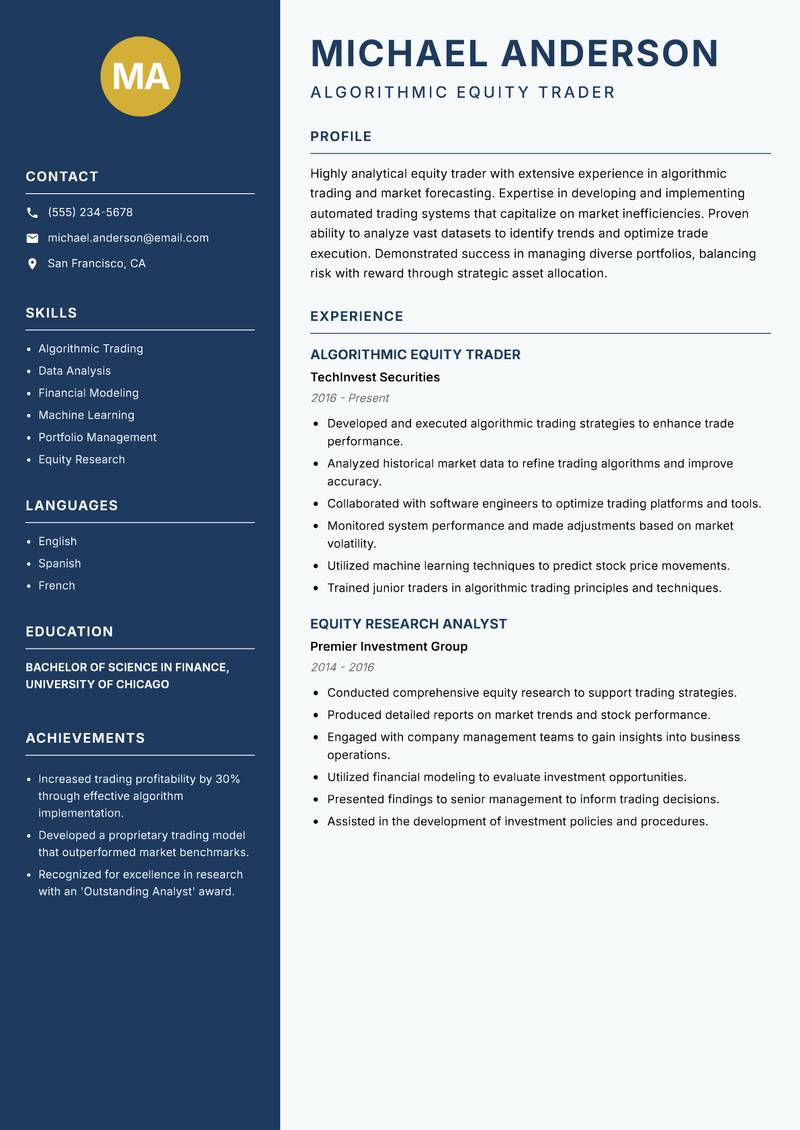 Equity Trader resume sample — Algorithmic Equity Trader focus