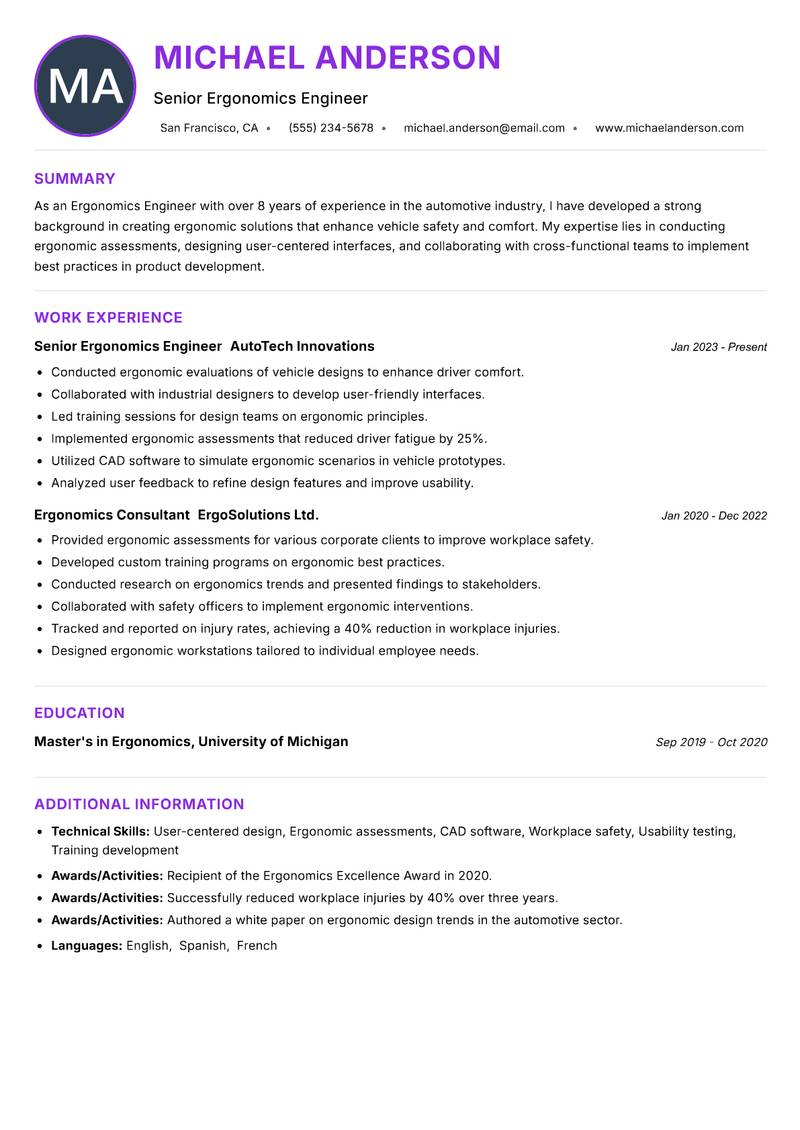 Ergonomics Engineer resume example
