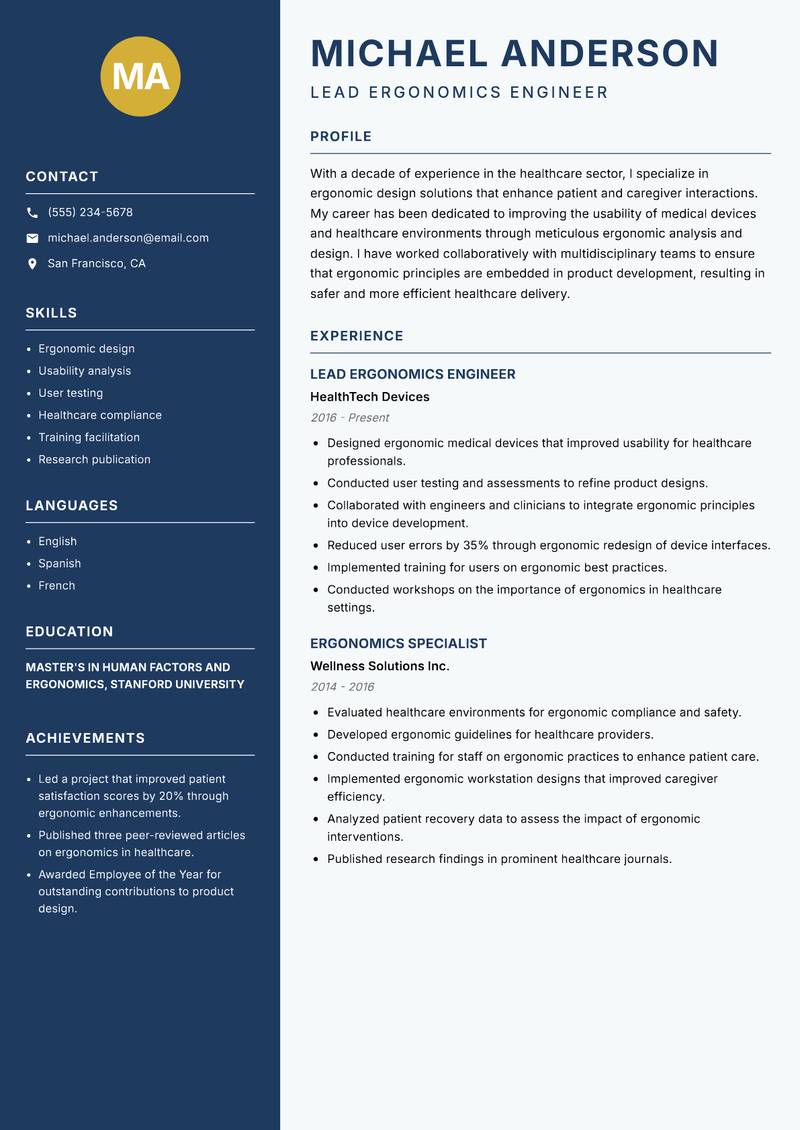 Ergonomics Engineer resume sample — Lead Ergonomics Engineer focus