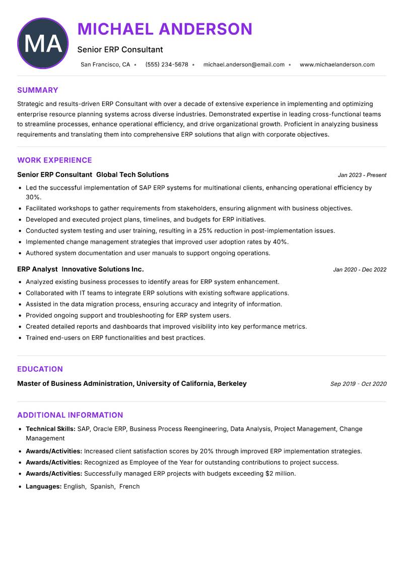 ERP Consultant resume example