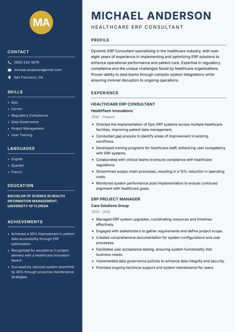 ERP Consultant resume sample — Healthcare ERP Consultant focus