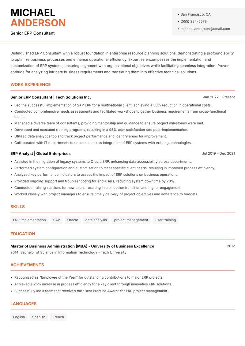 ERP Consultant resume sample — Senior ERP Consultant focus