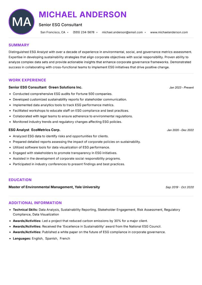 ESG Analyst resume example