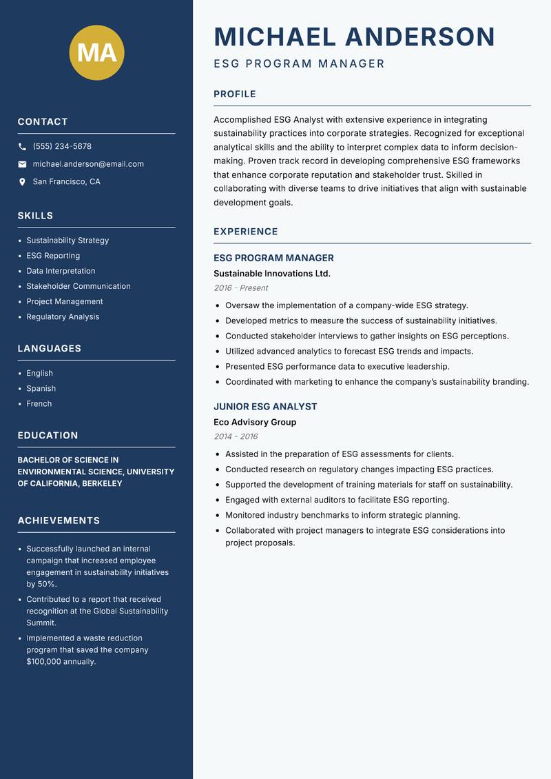 ESG Analyst resume sample — ESG Program Manager focus