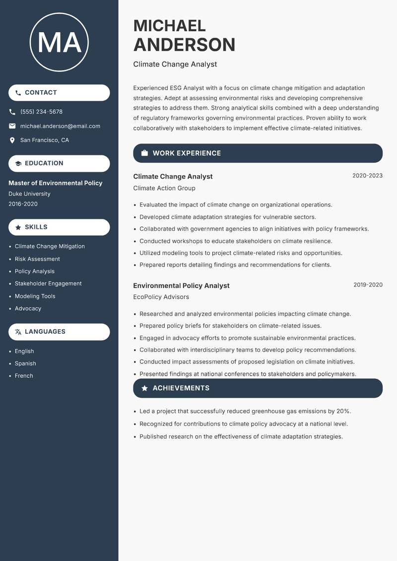 ESG Analyst resume sample — Climate Change Analyst focus