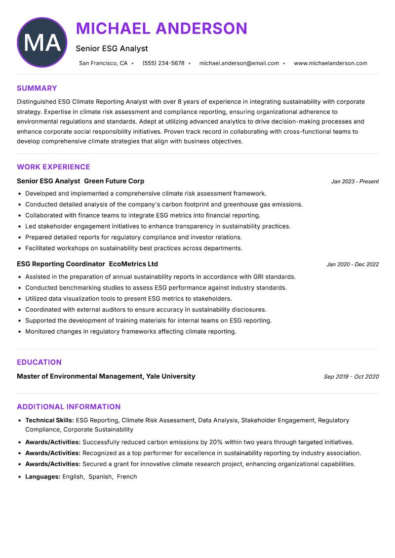 ESG Climate Reporting Analyst resume example