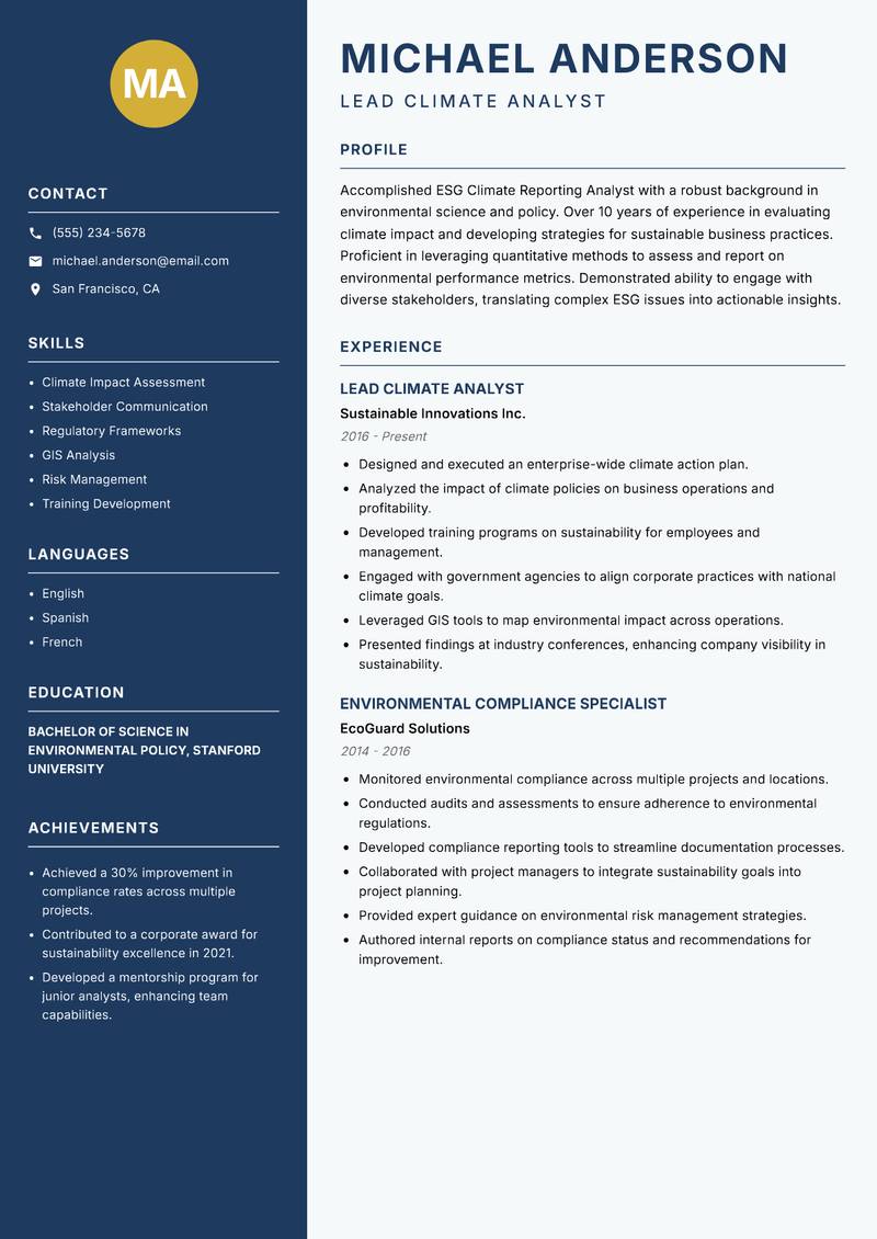 ESG Climate Reporting Analyst resume sample — Lead Climate Analyst focus