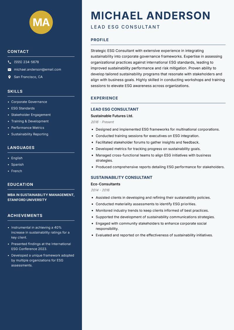 ESG Consultant resume sample — Lead ESG Consultant focus