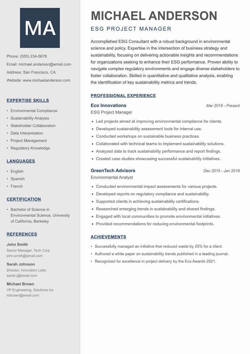 ESG Consultant resume sample — ESG Project Manager focus