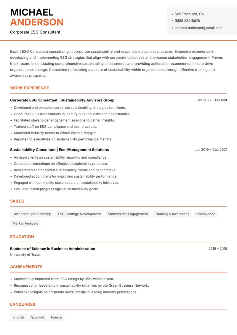ESG Consultant resume sample — Corporate ESG Consultant focus