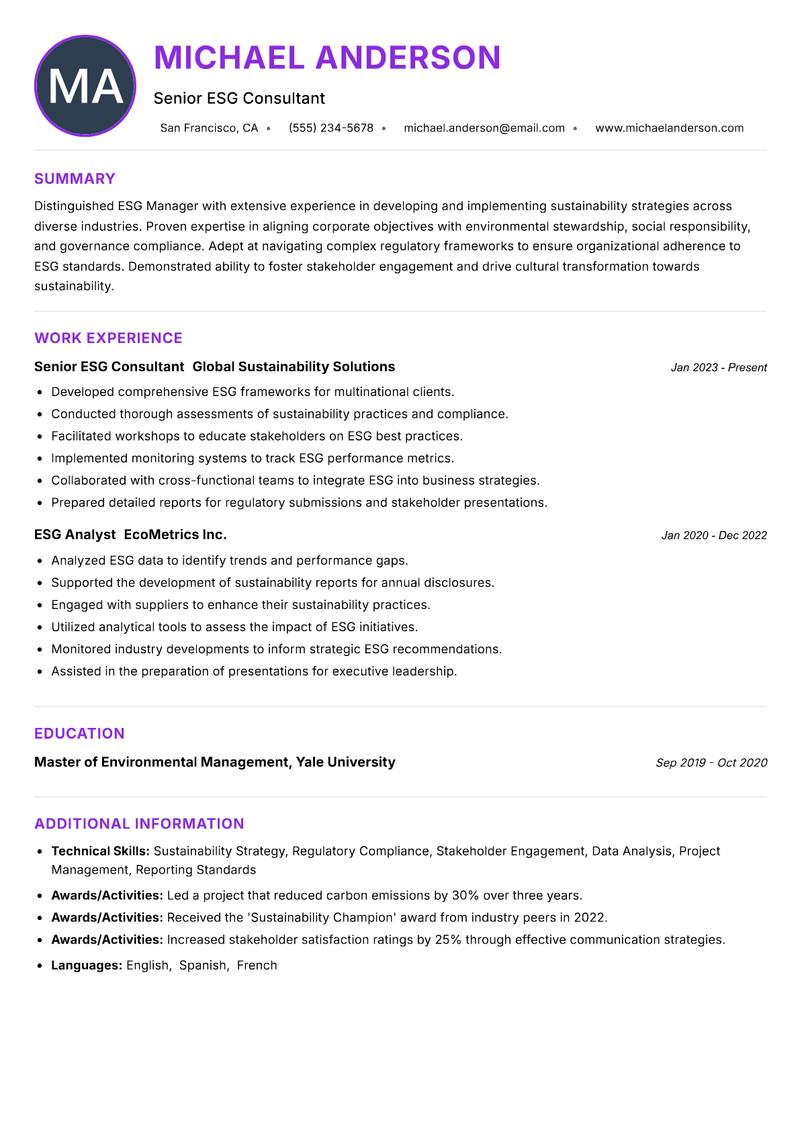 ESG Manager resume example