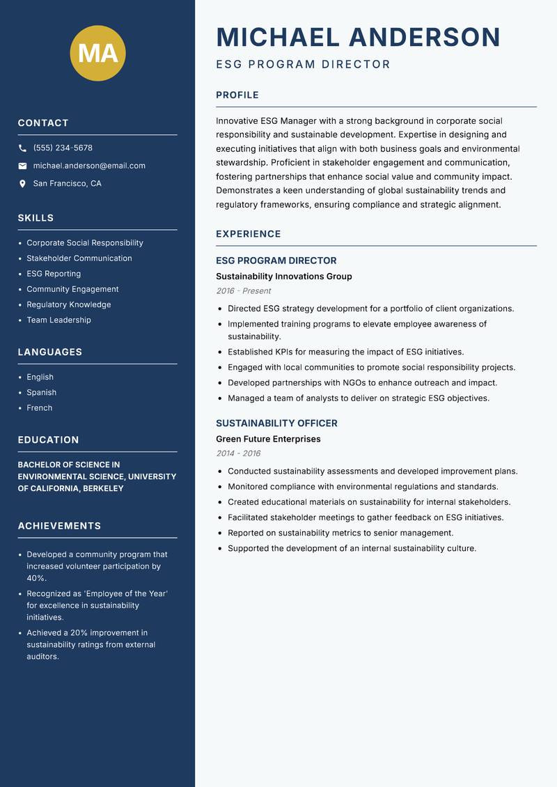ESG Manager resume sample — ESG Program Director focus